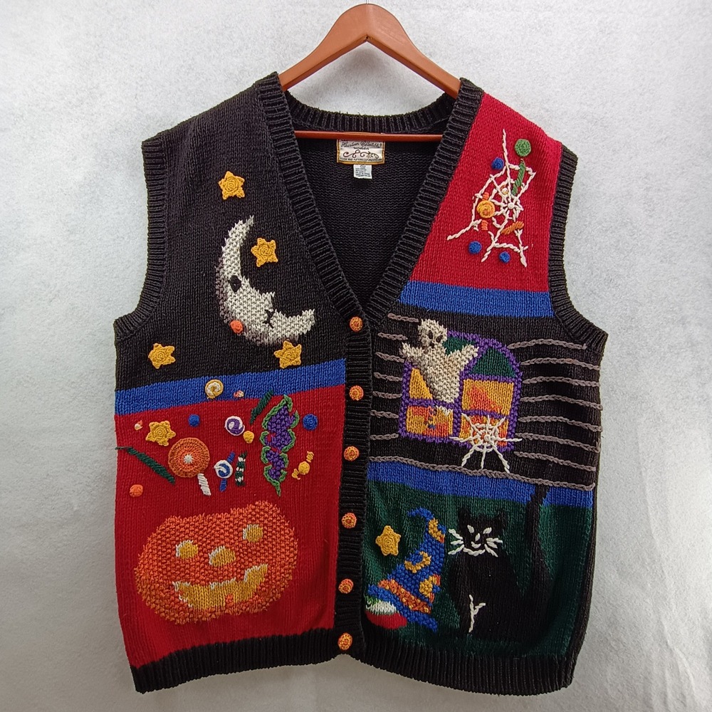 Vintage Heirloom Collectibles Halloween Sweater Vest 22/24 Pumpkin Ghost Cat